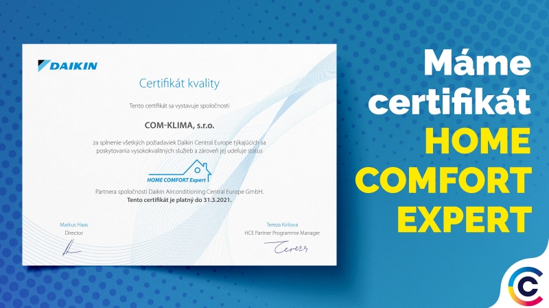 Opäť máme certifikát kvality Daikin Home Comfort Expert